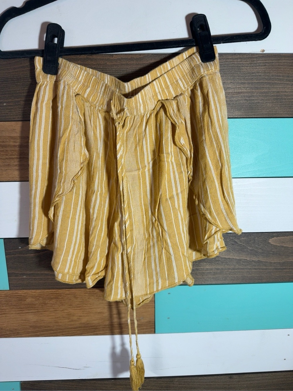 American Eagle Mustard Striped Ruffle Shorts